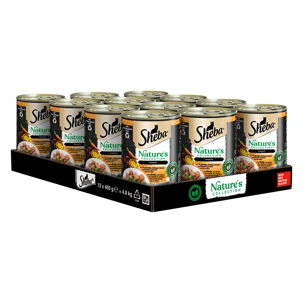 Sheba Nature's Collection 12 x 400 g - Pavo, corazones de ave y aceite de pescado con guarnición de zanahorias en paté