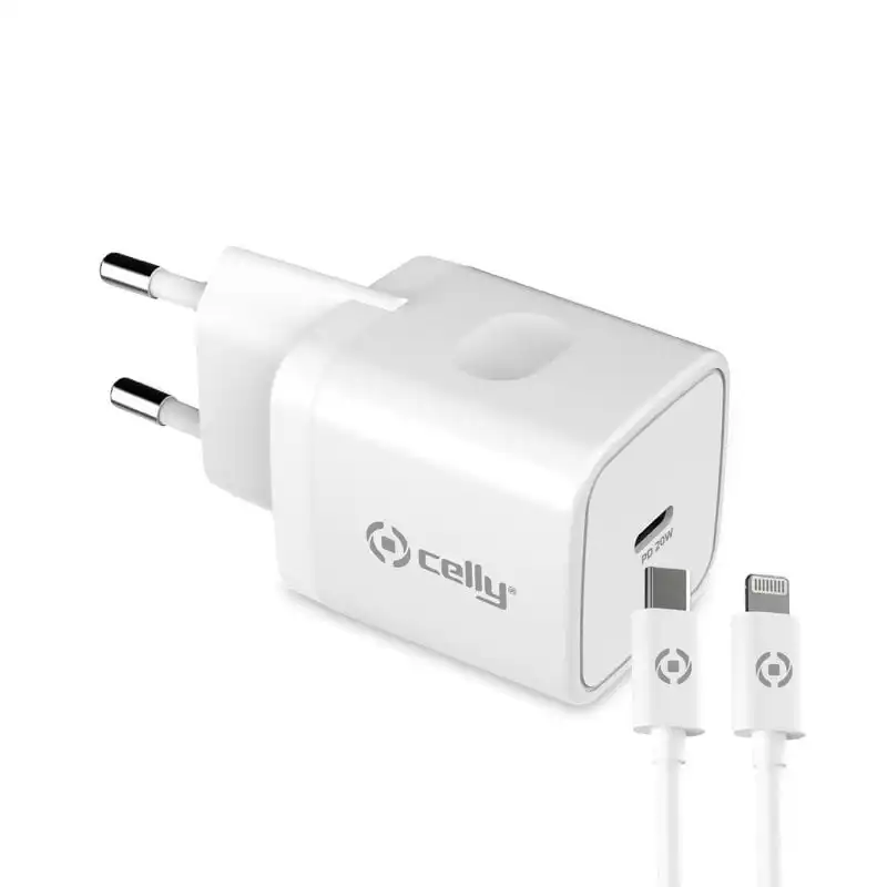 Celly Pack Cargador de 20W y Cable USB-C a Lightning Blanco