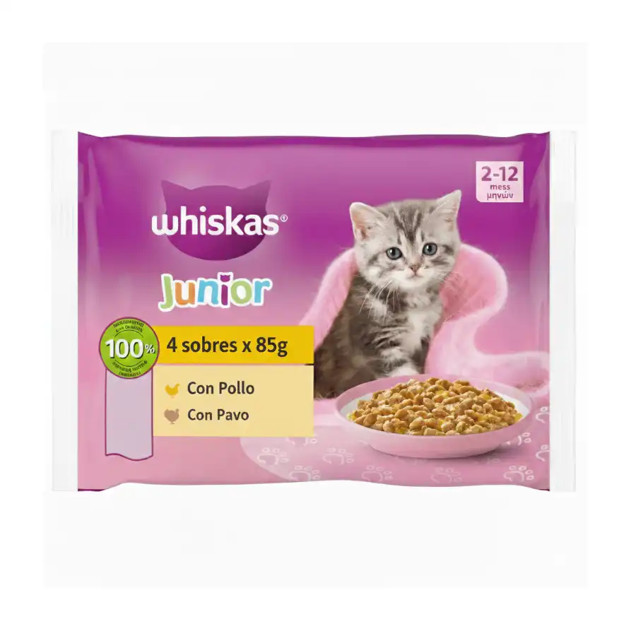 Whiskas Junior Pollo y Pavo Gelatina para gatos 4 sobres x 85 g - Whiskas - Comparador de precios