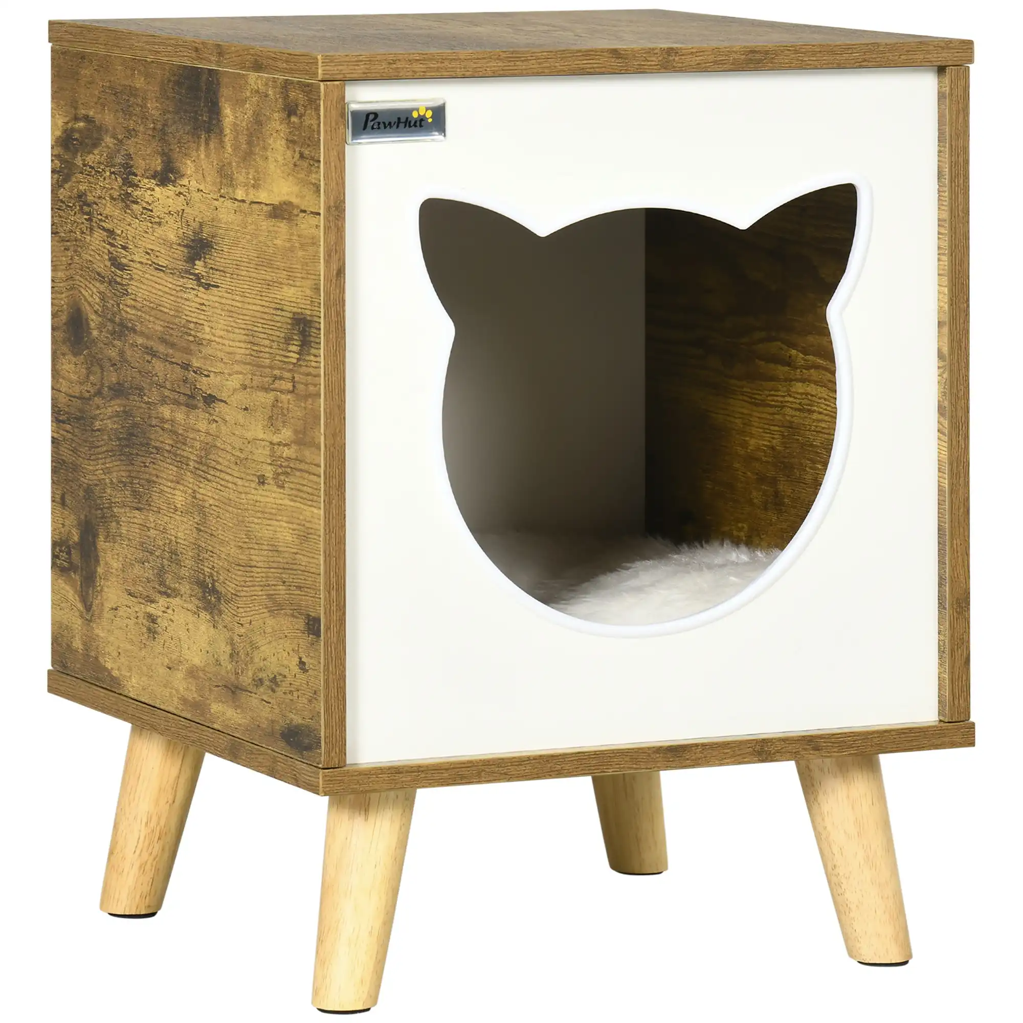 Pawhut Caseta de Madera para Gatos Casa para Gatos Interior Cuerva de Gatos con Cojín Lavable y Patas Elevadas 34x34x44,5 cm Marrón.