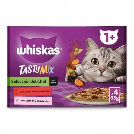 Whiskas Tasty Mix Selección del Chef Comida Húmeda en Salsa para Gatos con Buey y Salmón, 52 x 85 gr - Whiskas - Comparador de precios