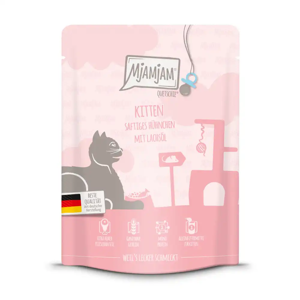 MjAMjAM Quetschie comida húmeda para gatos 6 x 300 g - Kitten Pollo con aceite de salmón