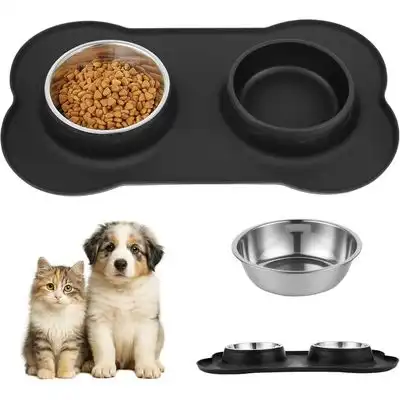ZooVenture Comedero de acero inoxidable con 2 cuencos y sistema de silicona - Negro 36*21cm - Zooventure - Comparador de precios