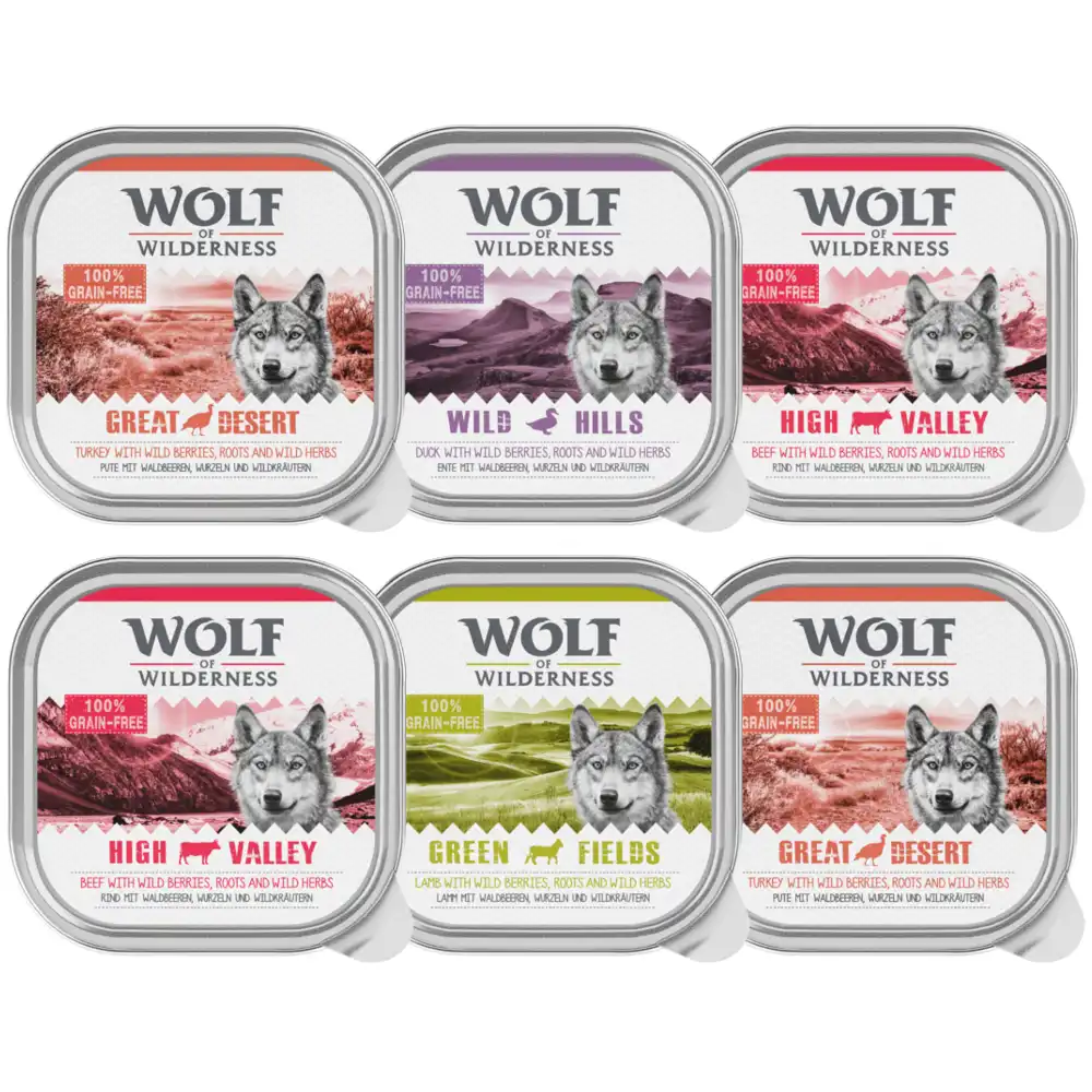 Pack mixto de prueba Wolf of Wilderness - 6 x 300 g con pavo, vacuno, cordero y pato