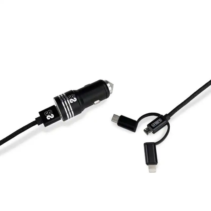 Subblim Cargador de Coche 2xUSB + Cable USB 3 en 1 Lightning/MicroUSB/USB-C Negro
