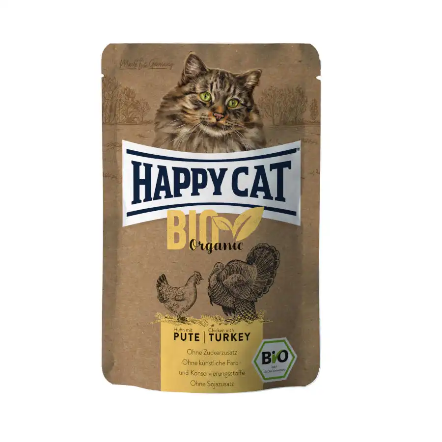 Happy Cat Adultos Bio Organic Pollo y Pavo sobre en salsa