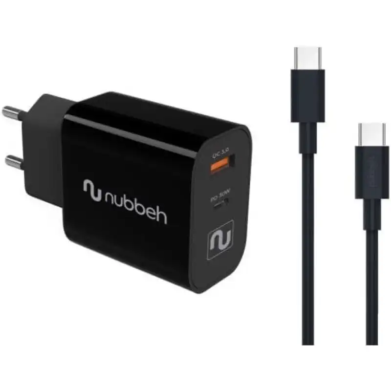 Nubbeh Cargador Pared Bhoot USB + USB-C PD 3.0 30W + Cable CC Silicona Líquida 60W Negro