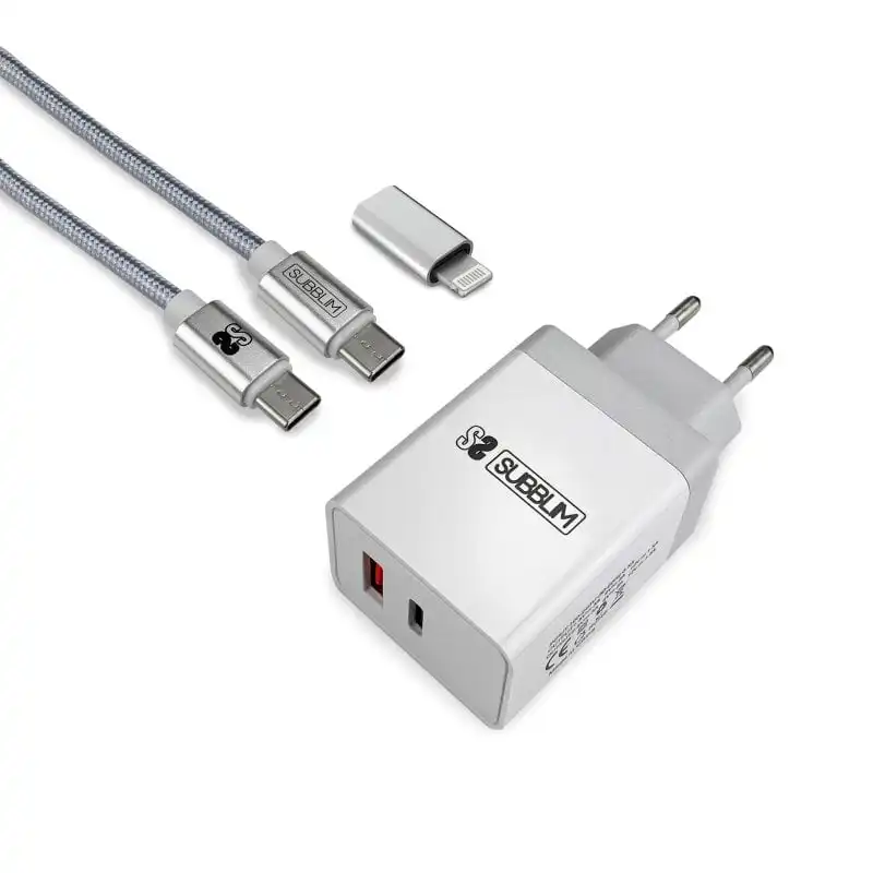 Subblim Cargador Ultra Rápido 2xUSB PD25W + QC3.0 + Cable USB-C + Lightning Blanco
