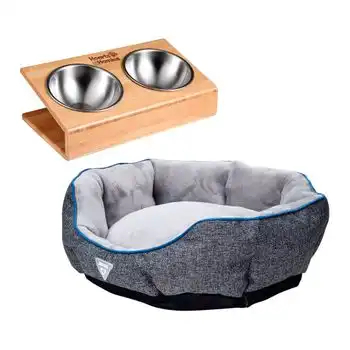 Juego De Cama Gris + Fuente Doble En V Para Mascotas Hearts&homies