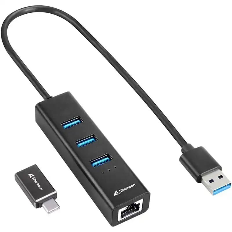 Sharkoon Shark Hub 3 Puertos USB-C a USB 3.2 + RJ-45 Negro