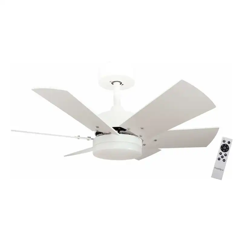 Bastilipo Cala Ventilador de Techo con Luz y Mando 15W 75cm 6 Aspas Reversibles Blanco/Roble Claro