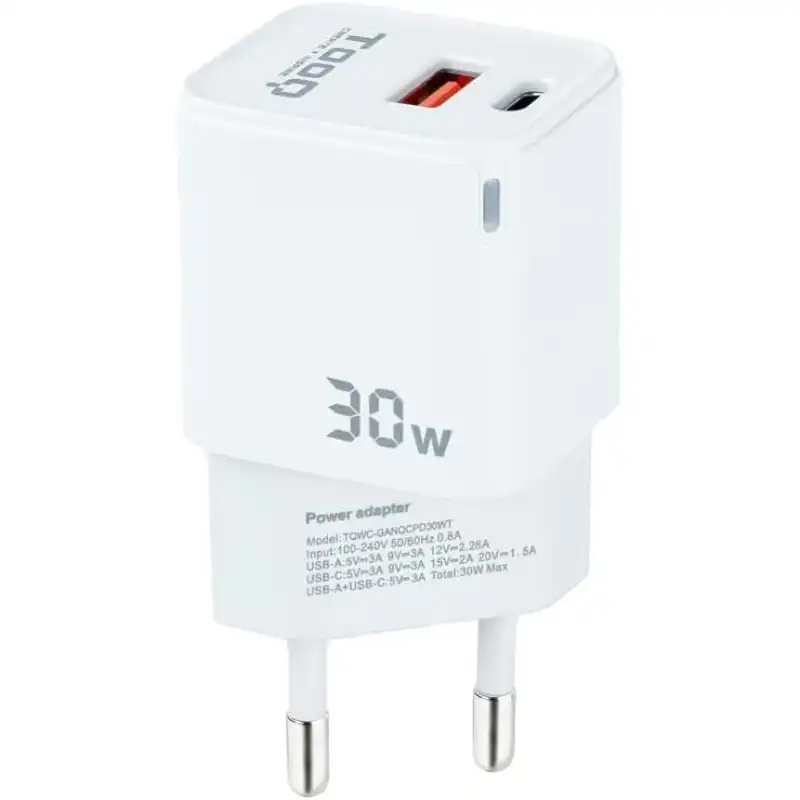 TooQ TQWC-GANQCPD30WT Cargador de Pared Dual USB-C/USB 2.0 30W Blanco
