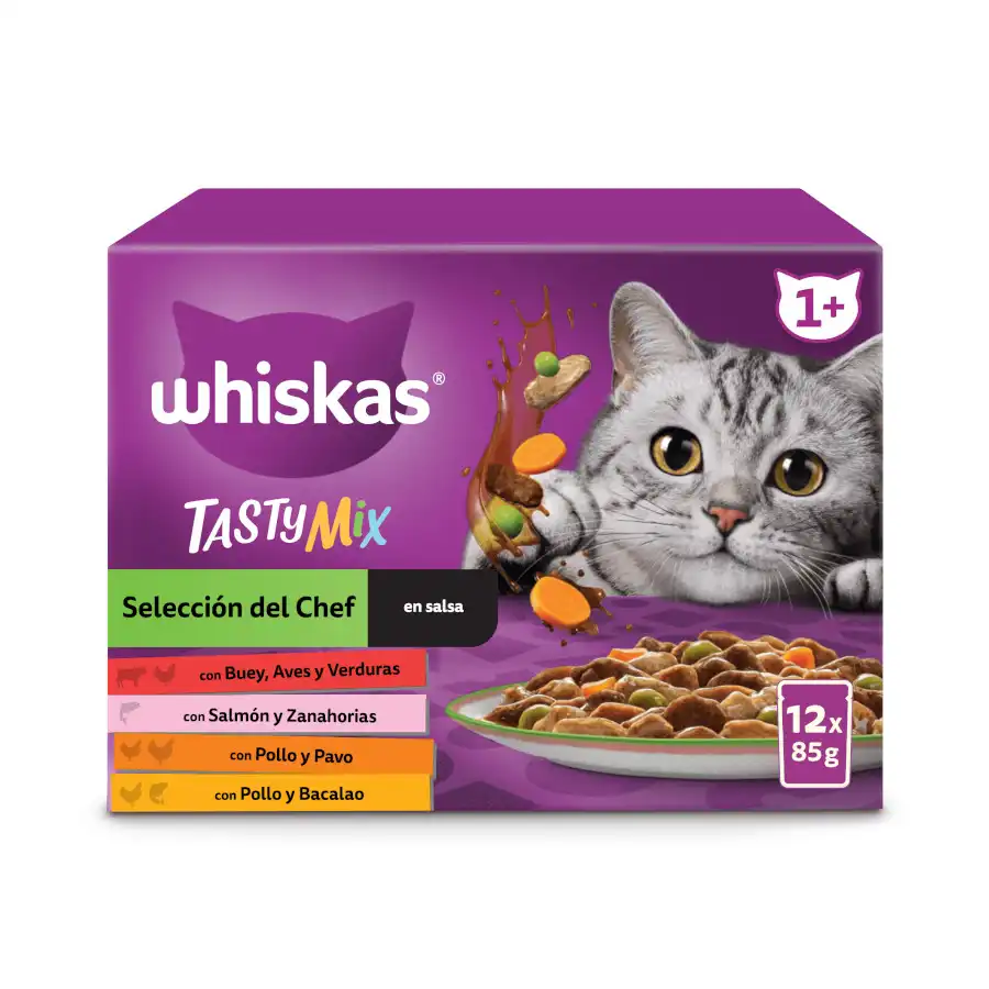 4.625 KG 4.625 KG Whiskas Tasty Mix Selección del Chef en Salsa sobre para gatos – Multipack 12