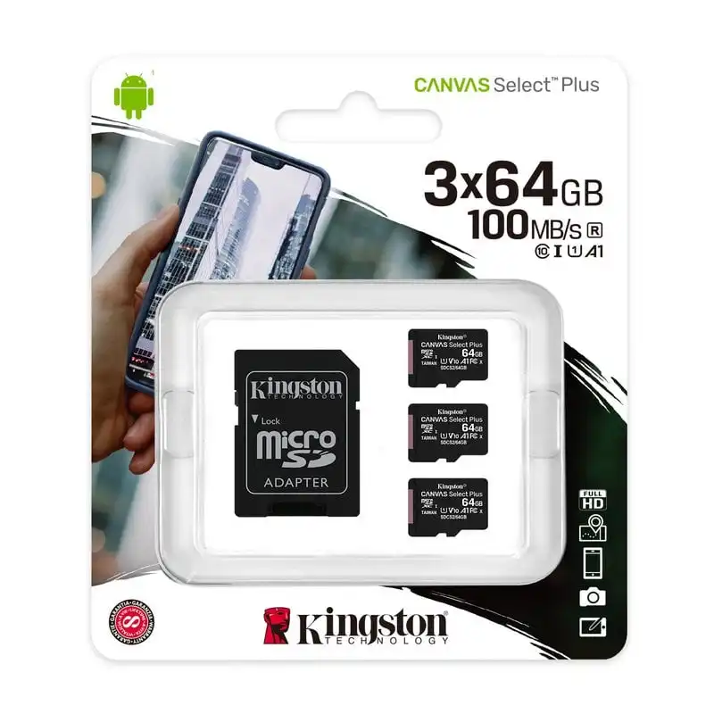 Kingston Canvas Select Plus MicroSDXC 64GB UHS-I U1 V10 Clase 10 Pack 3 Unidades + Adaptador SD