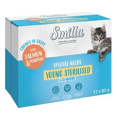 Smilla Bocaditos con verduras 48 x 85 g en oferta: 40 + 8 ¡gratis! - Young Sterilised con salmón y calabaza - Smilla - Comparador de precios